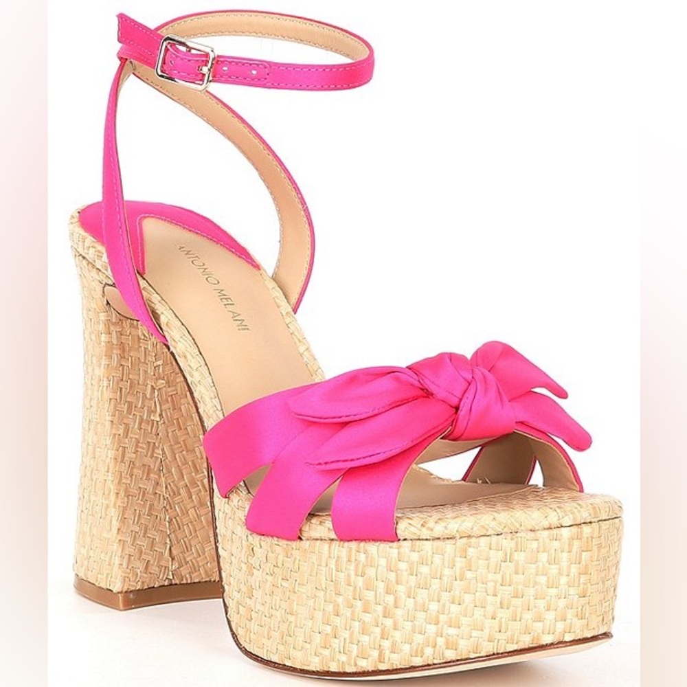 NWT Antonio Melani Bindi Satin Bow Raffia Platform Sandals Sz 6,5